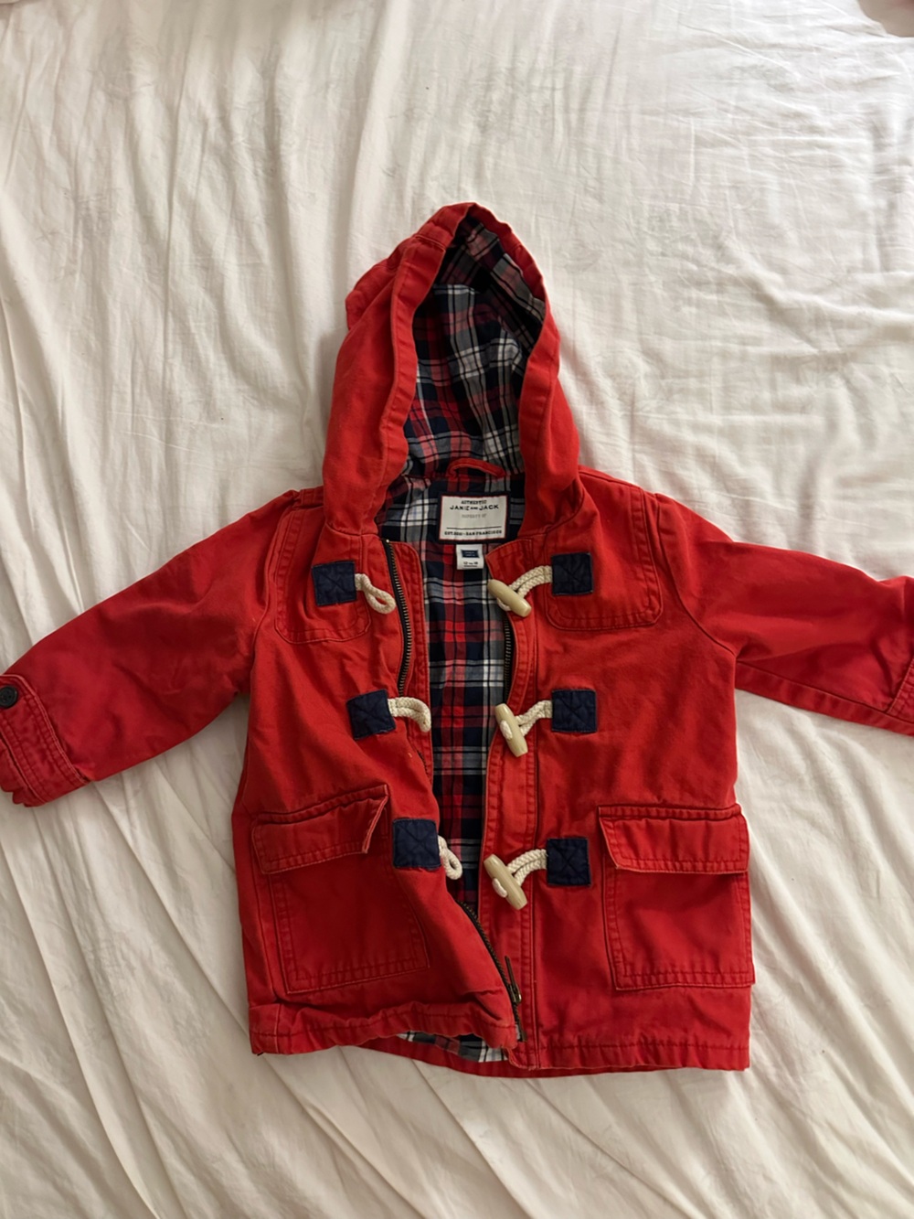 Janie and Jack Red Hooded Toggle Coat w Plaid Lining Size 12-18 Months